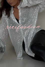 Fashion Sequin Lapel Long Sleeve Loose Shirt