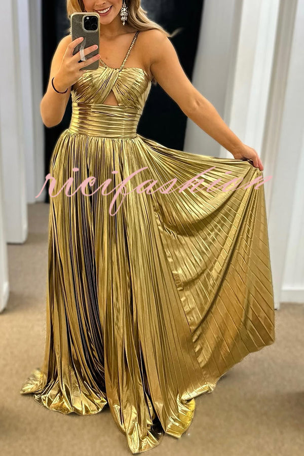 Queen Style Metallic Fabric Cross Neck Cutout Slit Pleated Maxi Dress