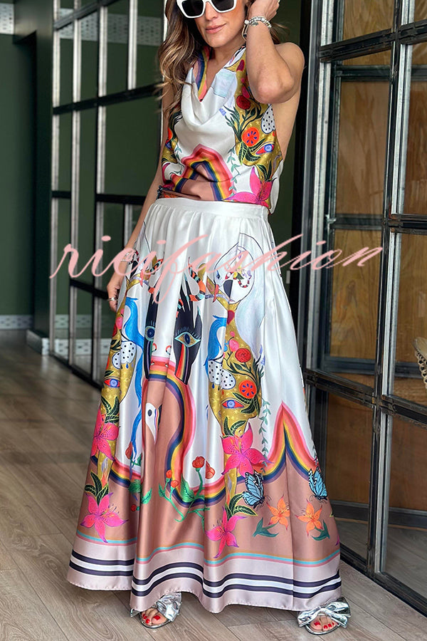 Evangeline Satin Unique Print Back Tie-up Pocket Halter Maxi Dress