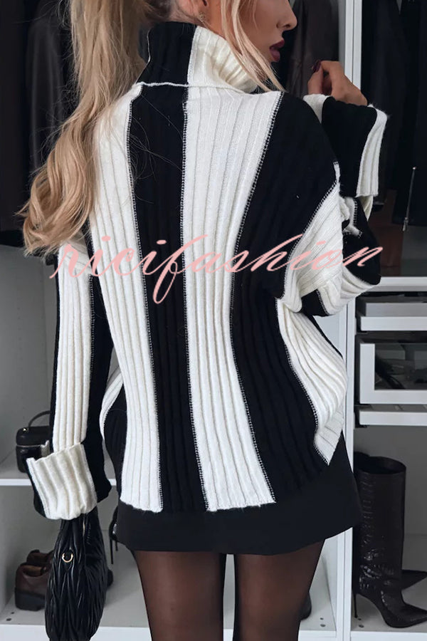 Comfort and Warmth Knit Color Block Long Sleeve Turtleneck Sweater