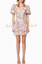 Garden Gala Embroidered Floral Applique Puff Sleeve Mini Dress