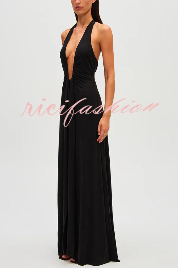 Sexy Silhouette Deep U-neck Halter Waterfall Sash Drape Maxi Dress