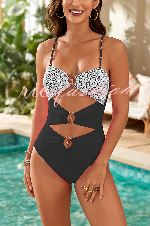 Fashionable Splicing Spaghetti Strap Metal Buckle One-piece Swimsuit