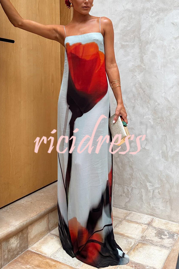 Seasonal Blooms Abstract Tulip Print Slip H-line Vacation Maxi Dress