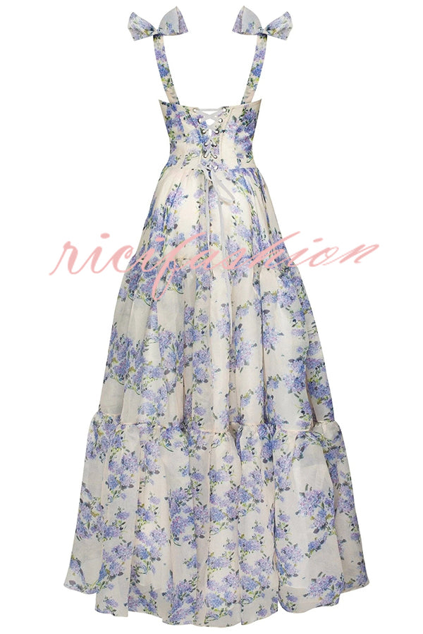 Fairytale Itself Organza Floral Print Tie Strap Maxi Dress