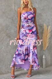 Deja Mesh Overlay Floral Print One Shoulder Ruched Stretch Maxi Dress