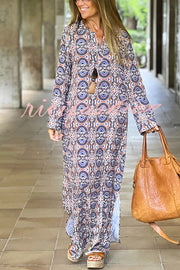 Unique Printed Long Sleeve V-neck Loose Maxi Dress