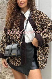 Warm Feel Colorblock Leopard Print Plush Button Up Pocketed Teddy Jacket