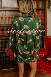 Christmas Dreaming Satin Nutcrackers Print Velvet Trim Elastic Waist Pocketed Pajama Shorts Set