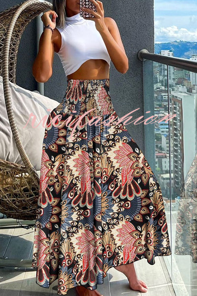 Unique Printed Pleated Elastic Waist Holiday Casual Maxi Skirt