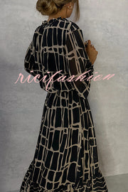 Unique Printed V-neck Tie-up Waist Long-sleeve Maxi Dress