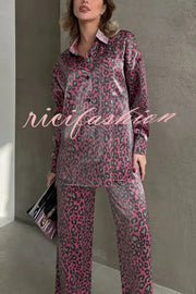 Leopard Print Long-sleeved Casual Top and Loose Elastic Waist Tie Pants Set