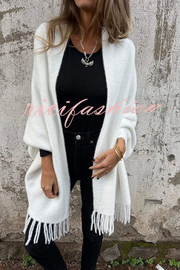 Warm Corner Knit Plush Tassel Trim Relaxed Shawl Cardigan