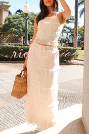 Feel Chic and Romantic Sequin Textured Material Drawstring Waist Tiered Maxi Skirt