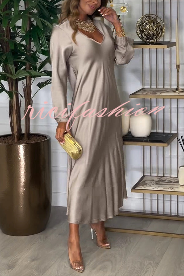 Solid Color V-neck Long-sleeved Loose Draped Maxi Dress