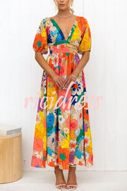 Floral Frenzy Printed Puff Sleeve Back Smocked Maxi Dress