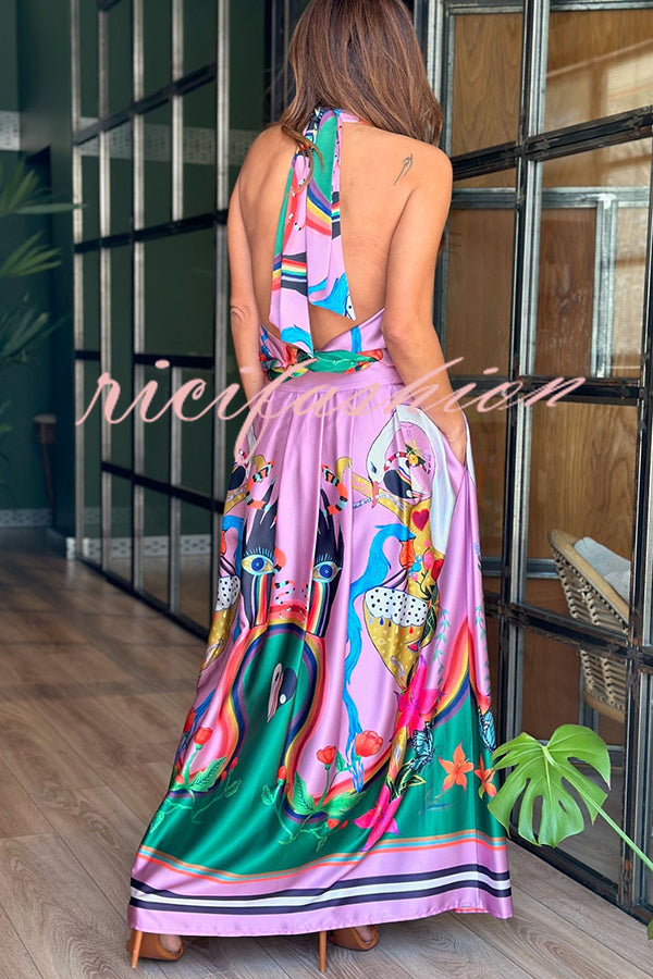 Evangeline Satin Unique Print Back Tie-up Pocket Halter Maxi Dress