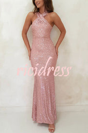 Time To Sparkle Sequin Cross Halter Neck Backless Maxi Dress