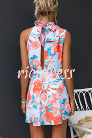 Admire Satin Floral Print High Neck Back Tie-up Mini Dress