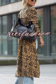 Be Free Velvet Leopard Print Long Sleeve Loose Midi Trench Coat