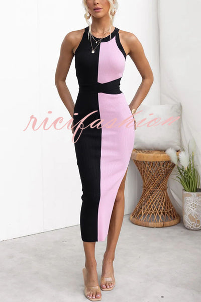 Serene Ribbed Knit Colorblock Back Tie-up Slit Stretch Midi Dress