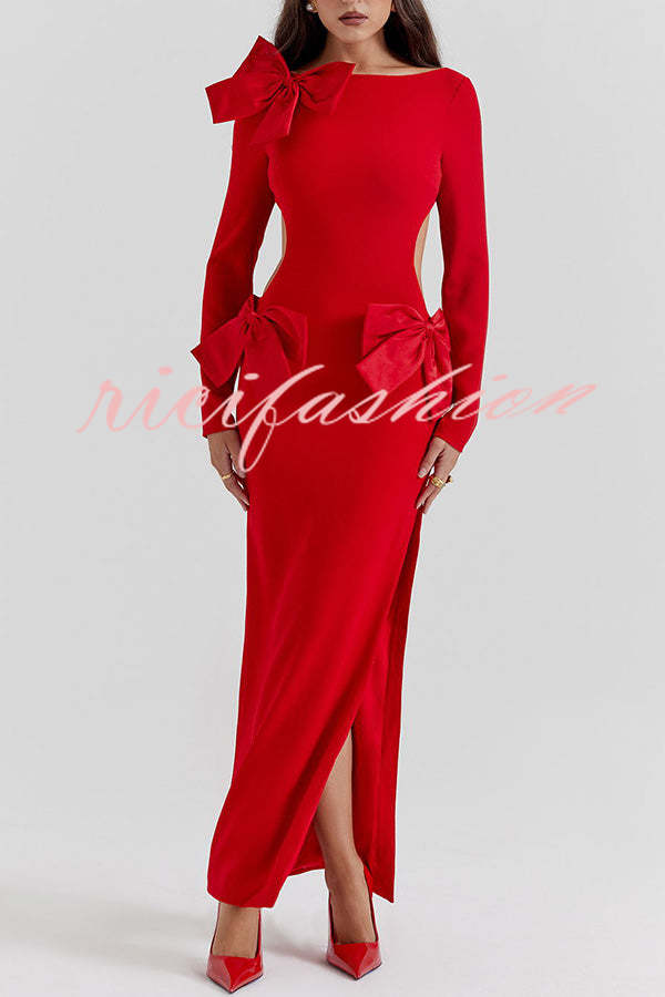 Lovely Bow Cutout Button Back Zipper Long Sleeve Maxi Dress