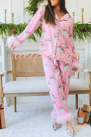 Christmas Besties Party Printed Feather Trim Elastic Waist Pocketed Pajama Set