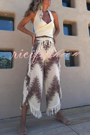 Katy Linen Blend Tie-dye Wrap Tie-up Tassel Trim Pants