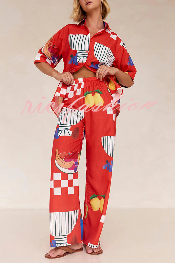 Unique Printed Casual Shirt and Elastic Waist Pants Set