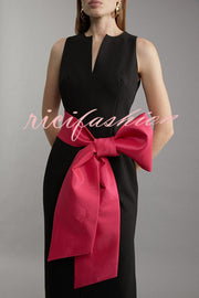 Clean Tailored Taffeta Contrast Oversized Bow Tie Waist Midi Dress