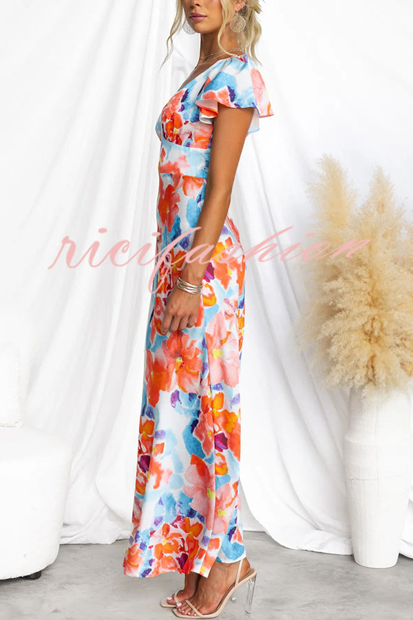 Say I Do Satin Floral Print Cap Sleeves Maxi Dress