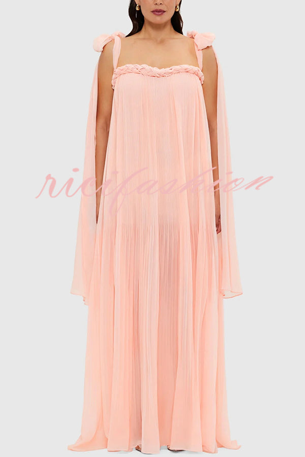 Fairy Spirit Tulle Braided Neckline Tie Arm Straps Pleated Maxi Dress