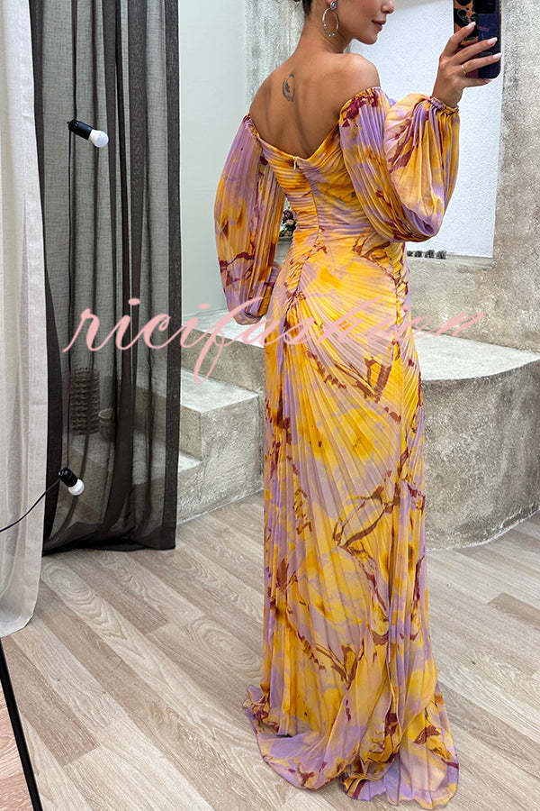 Sunset Serenade Printed Off Shoulder Diamond Embellished Pleated Slit Maxi Dress