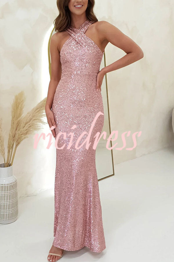 Time To Sparkle Sequin Cross Halter Neck Backless Maxi Dress