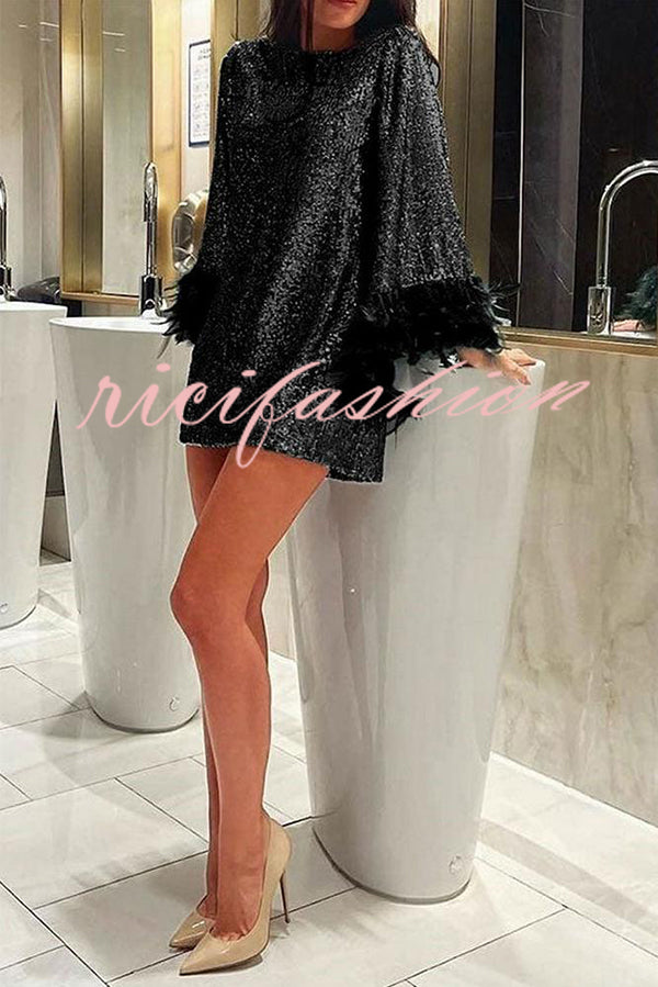 Solid Sequin Elegant Feather Long Sleeve Mini Dress