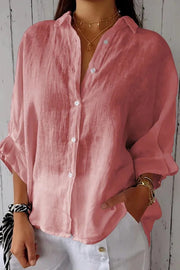 Linen Blend Solid Color Tie Back Loose Shirt Top