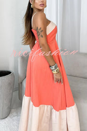 Fashionable Contrast Color Stitching Sling Maxi Dress