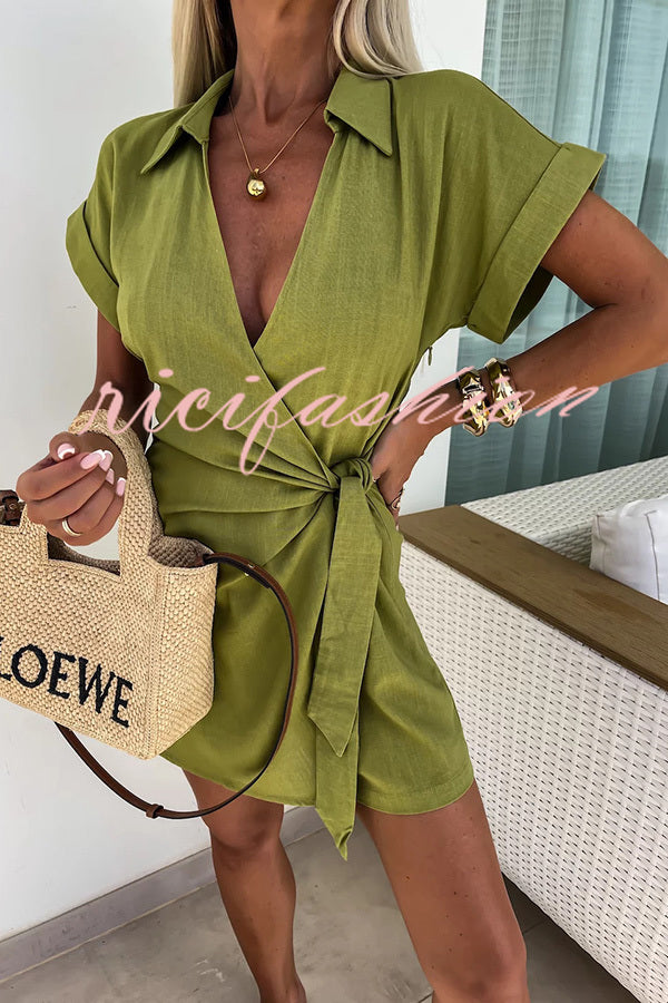 Relaxing Beach Linen Blend Solid Color Wrap Loose Shirt Romper