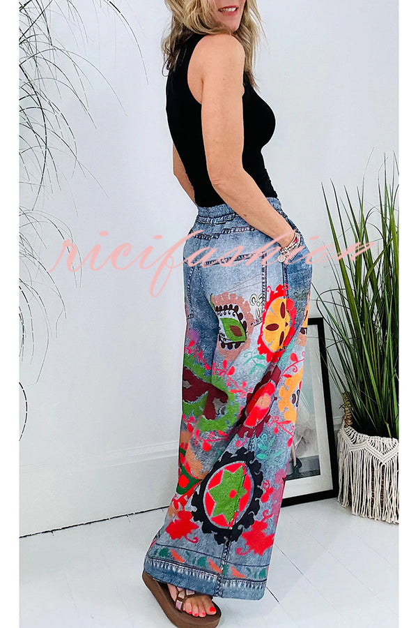 Hippie Style Unique Floral Denim Print Elastic Waist Pocketed Wide Leg Pants