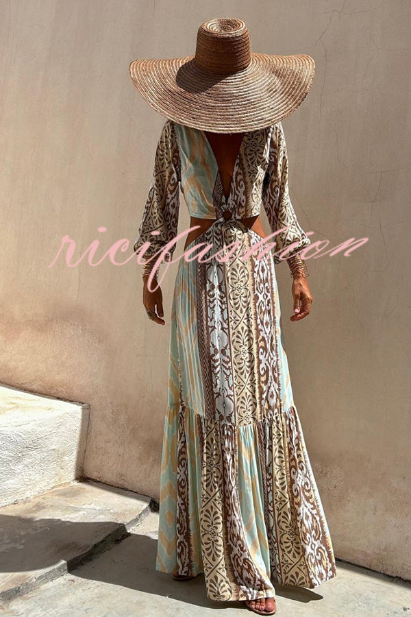 Sefora Unique Color Block Print Long Sleeve Ring Cutout Back Tie-up Maxi Dress