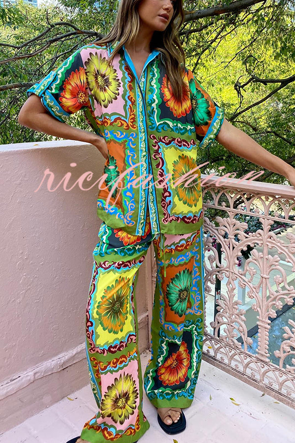 Disco Daisy Unique Printed Colorblock Elastic Waist Pocket Pants Set