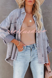 Stylish Lapel Long Sleeve Ripped Denim Jacket