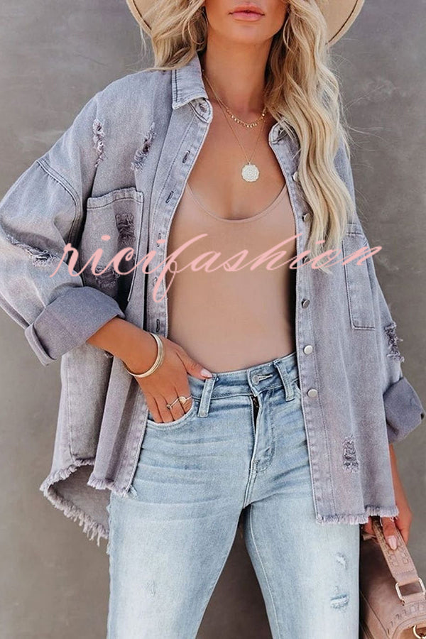 Stylish Lapel Long Sleeve Ripped Denim Jacket