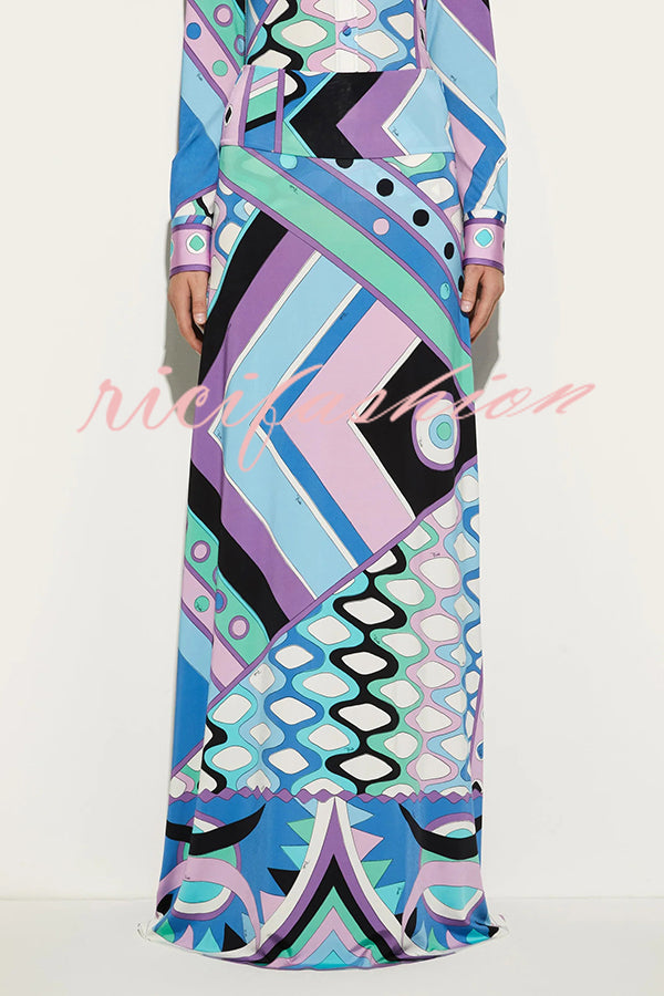 Uniquely Printed Casual Long-sleeve Shirt and Hip-covering Maxi Skirt Set