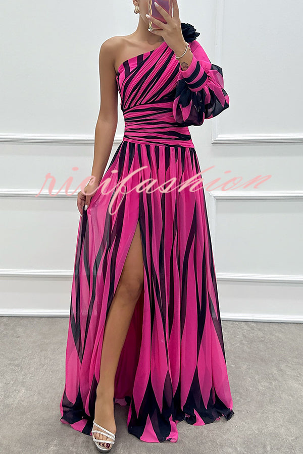 Purely Charming Printed Rose Pendant One Shoulder Pleated Slit Maxi Dress