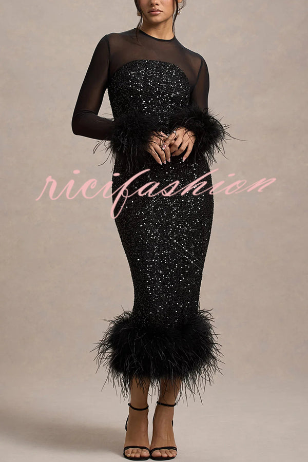 Glamor and Drama Mesh Sequin Patchwork Feather Trim Stretch Midi Dress