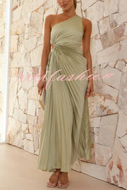 Charming One Shoulder Lace Up Cutout Pleated Maxi Dress