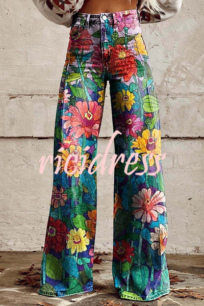 Casual Floral Print Button Pocket Wide Leg Pants