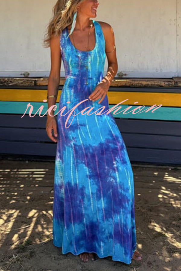 La Bamba Tie-dye Print Back Lace-up Stretch Maxi Dress