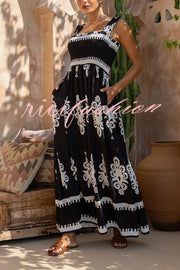 National Boho Style Unique Print Smocked Bust Wide Strap Pocket Maxi Dress